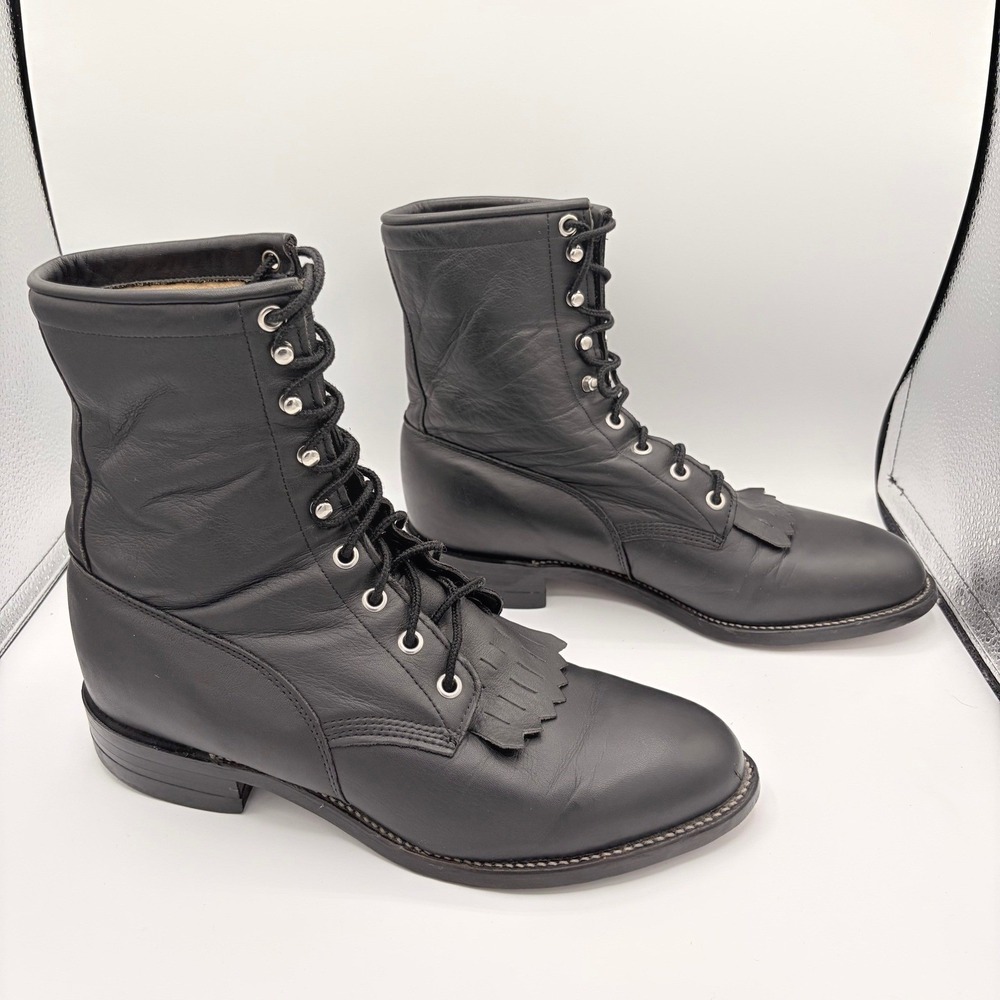 Justin McKean Roper 7" Lace Up Kiltie Boots 7.5EE Black Leather Western USA 620